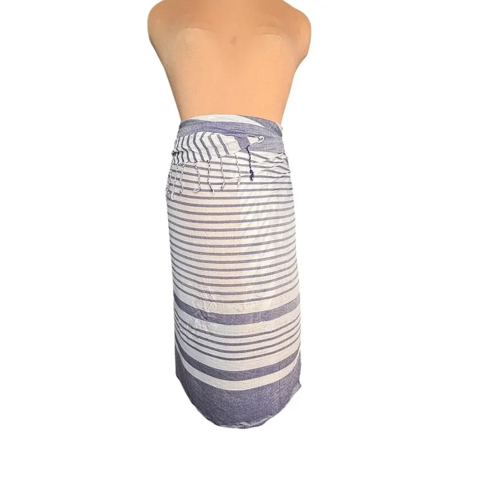 Blue White Striped Tassel Fringe Scarf Shawl Wrap‎ Lightweight Boho Coastal